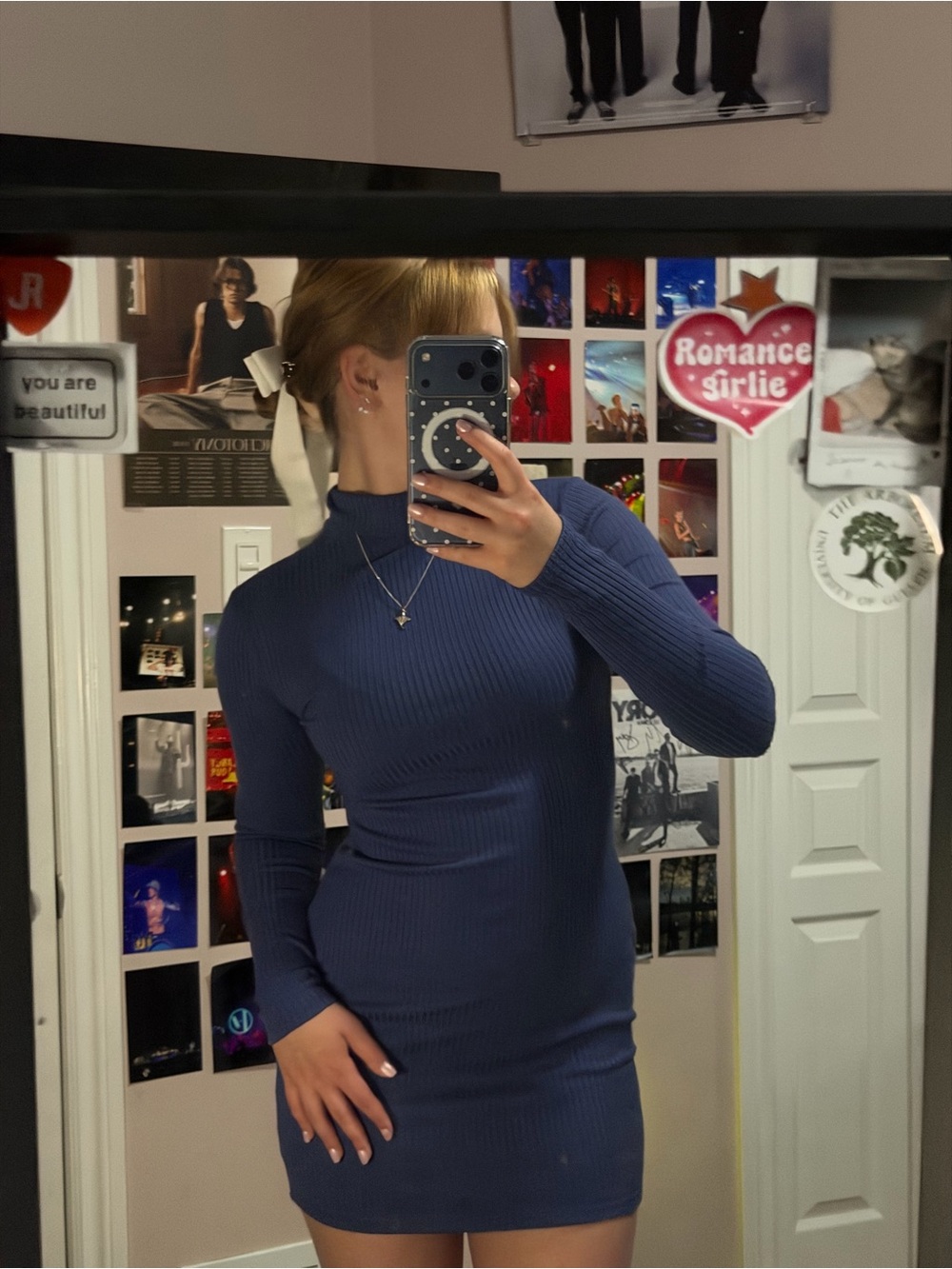 Urban Outfitters Ribbed Blue Turtleneck Long-Sleeve Dress